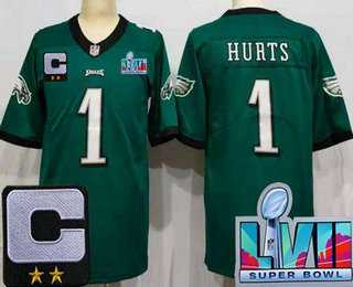 Mens Philadelphia Eagles #1 Jalen Hurts Limited Green C Patch Super Bowl LVII Vapor Jersey